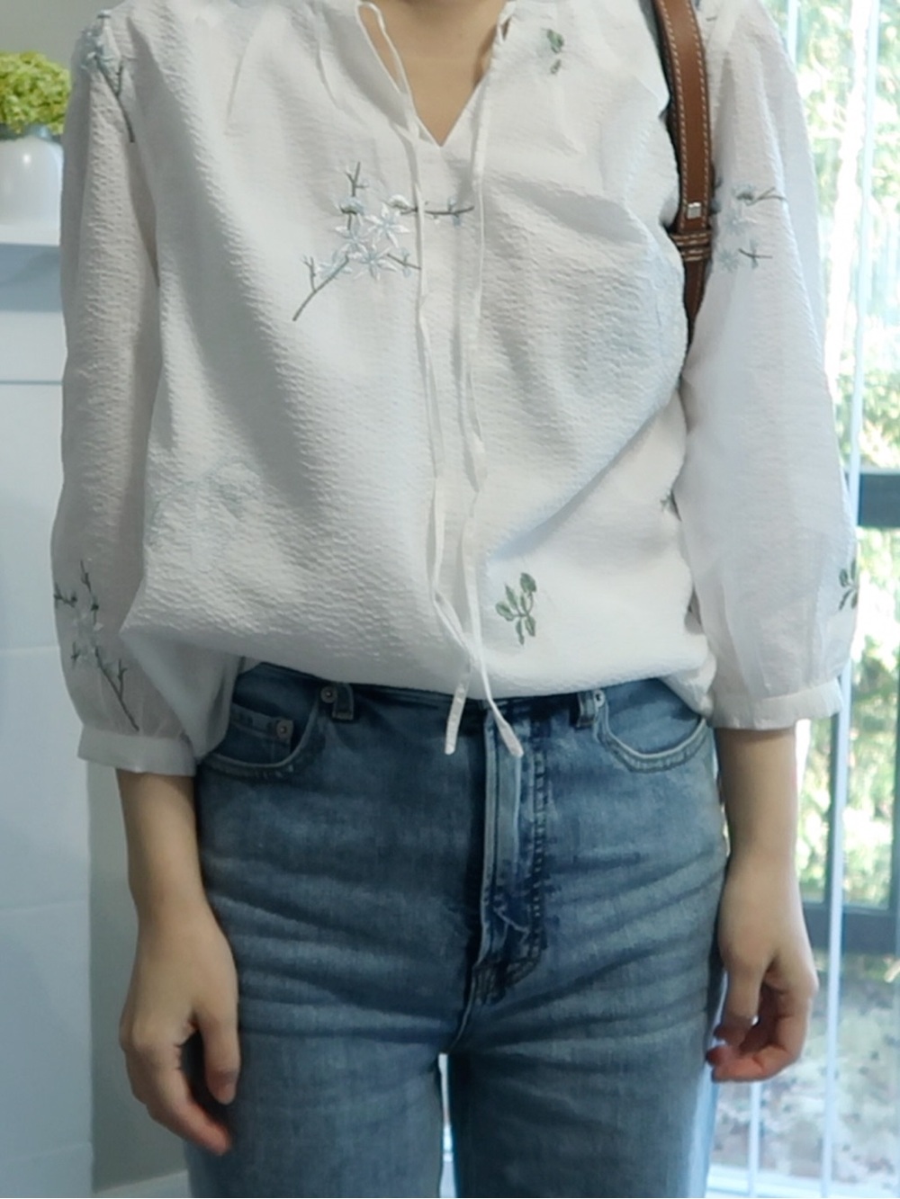 Petite Studio Estella Blouse with Pale Blue Floral Embroidery